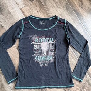 Panhandle Slim Women's Studded Rodeo Stampede Long Sleeve Graphic Tee, Black,L